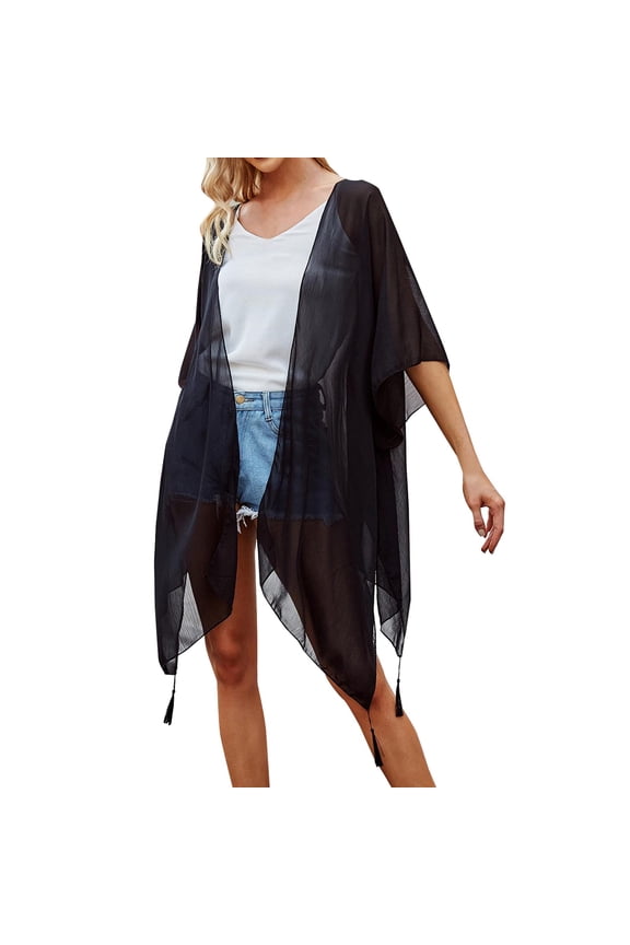 Women's Chiffon Kimono Cardigan, Open Front Sheer Boho Cover Up with Tassel Hem