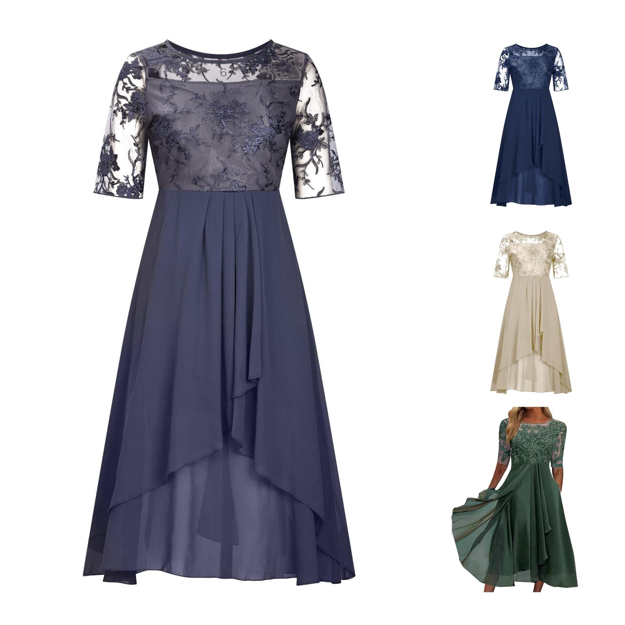 Women's Chiffon Lace Embroidery Long Dress Tea Length Bridesmaid ...