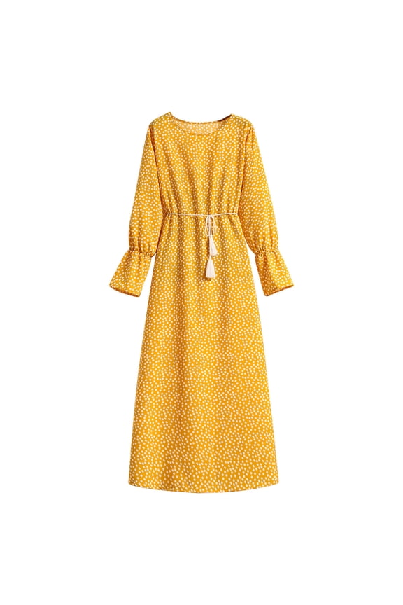 Women's Chiffon Lantern Sleeve High Waist Pleat Flowy Maxi Dresses Casual Crewneck Dresses Long Sleeve Solid Color Print Belt Party Cocktail Autumn Long Dress