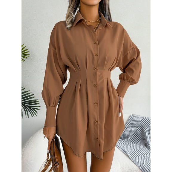 Women's Chiffon Lapel Collar Long Sleeve Button Waist Asymmetrical Shirt Dress