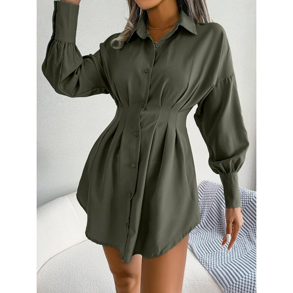 Women's Chiffon Lapel Collar Long Sleeve Button Waist Asymmetrical Shirt Dress