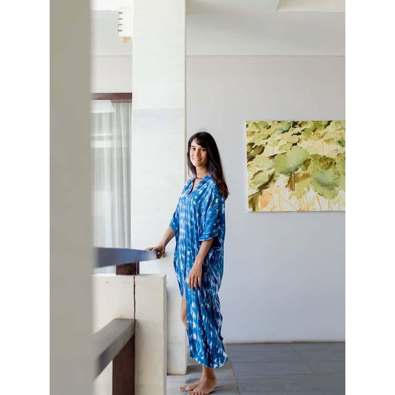 Women's Chiffon Leopard Turkish Kaftan Pockets Swimwear Bikini Cover Up Maxi Dress, Tiedye Blue, One Size