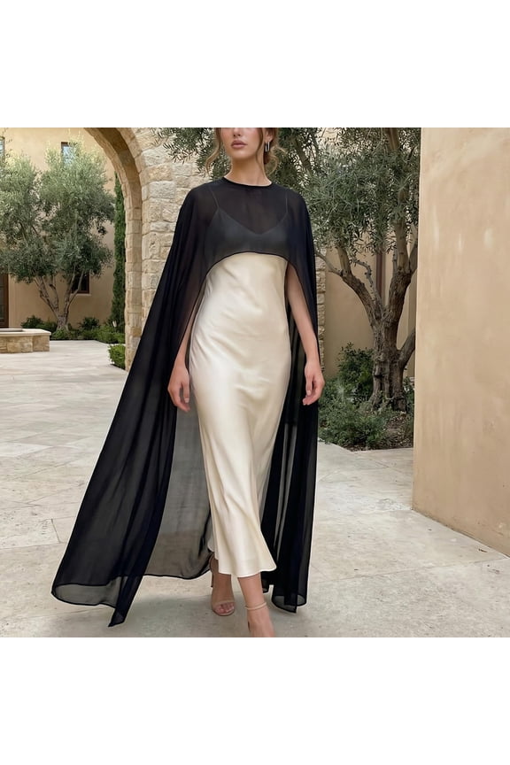 Women's Chiffon Long Cape Shawl AURORADY High Low Flowy Sheer Mesh Poncho Top, Elegant Capelets Wraps Cover Up for Bridal Wedding Evening Party Dress Black One Size Wraps