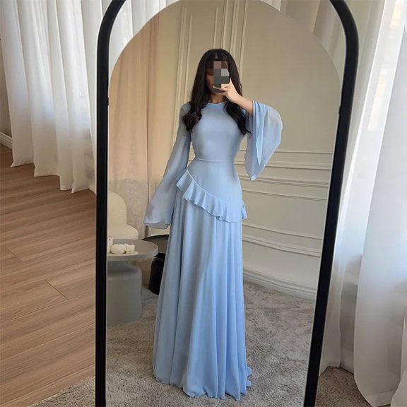 Women's Chiffon Long Maxi Evening Dress, Flare Long Sleeve Ruffle Formal Gown, Lace-up Back Floor Length Dress for Wedding Guest Prom