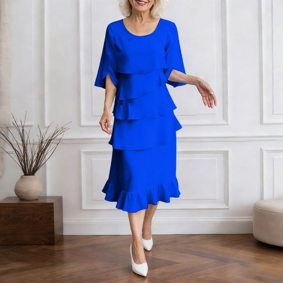 Women's Chiffon Midi Dress 3/4 Bell Sleeve Crewneck Tiered Layered Elegant Wedding Guest Dresses, Party Dress(Blue,L)