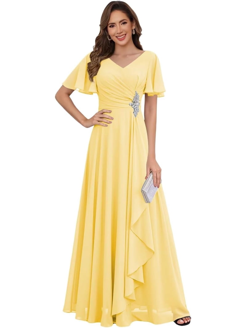 LYQDRSS Women's Chiffon Mother of The Bride Dresses 2026 Flutter Sleeve A Line Formal Evening Dress Zu005, Size: 10, Clear