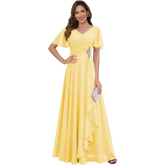Women's Chiffon Mother of The Bride Dresses 2026 Flutter Sleeve A Line Formal Evening Dress ZU005