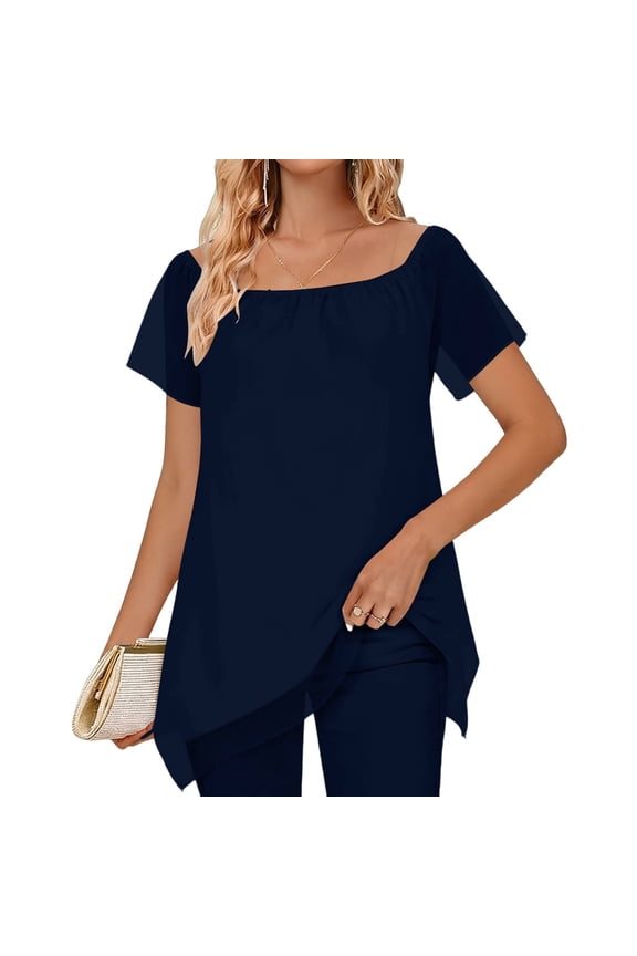 Women's Chiffon Off Shoulder Blouse Elegant Short Sleeve Shirt with Asymmetric Hem, Lightweight Summer Flowy Top,L,Dark Blue