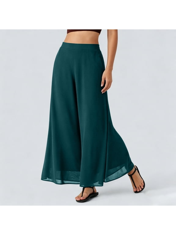 Women's Chiffon Pants Dressy High Waist Flowy Palazzo Pants Summer Boho Wide Leg Casual Trousers Dark Green L