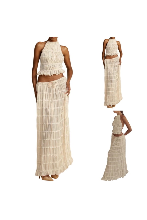 Women's Chiffon Pleated Maxi Skirt And Neck Crop Top Set With Wooden Bead Trim Long Sequin Jackets Women Evening Dresses Size 2 plus Size Apparel Petite plus Summer Dresses Womens Pants Suits Women