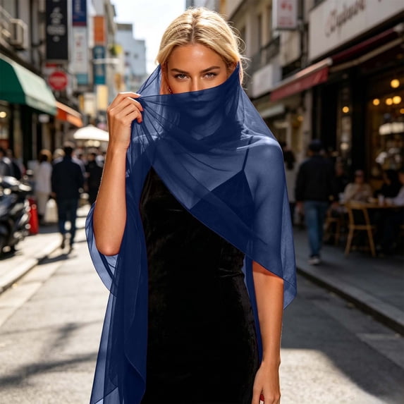 Women's Chiffon Shawl Solid Sheer Oversized Loose Long Cut Ultra Light Transparent Wrap Multi Use as Dress Cover Up Head Scarf Face Veil Blue Free Size