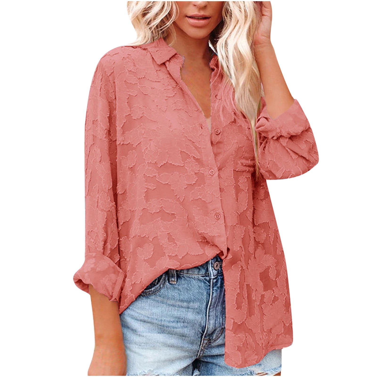 Womens Long Sleeve Button T-Shirt Blouse Tee Floral Tops V-Neck