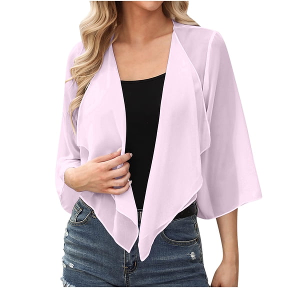 Women's Chiffon Shrug Cardigan 3/4 Sleeve Open Front Drape Irregular Hem Bolero Lightweight Sheer Casual Cover Up Pink, M