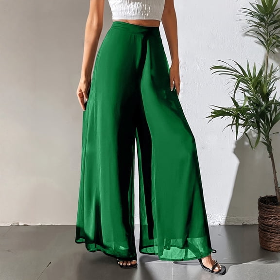 Women's Chiffon Soft Beach Wide Leg Pants Elastic Waist Lounge Trouser Green M