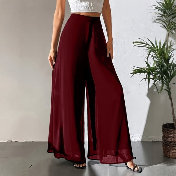 Women's Chiffon Soft Beach Wide Leg Pants Elastic Waist Lounge Trouser Wine S