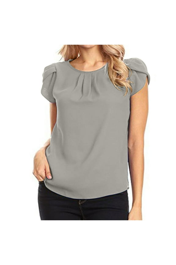 Women's Chiffon Solid Color Short Sleeve Round Neck Casual Shirt Short Sleeve Blouse(Gray,XL)