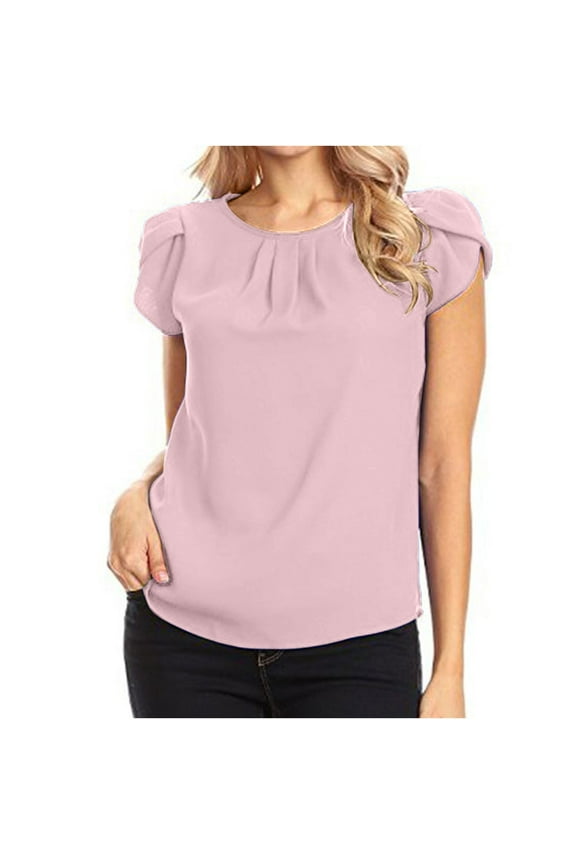 Women's Chiffon Solid Color Short Sleeve Round Neck Casual Shirt Short Sleeve Blouse(Pink,3XL)