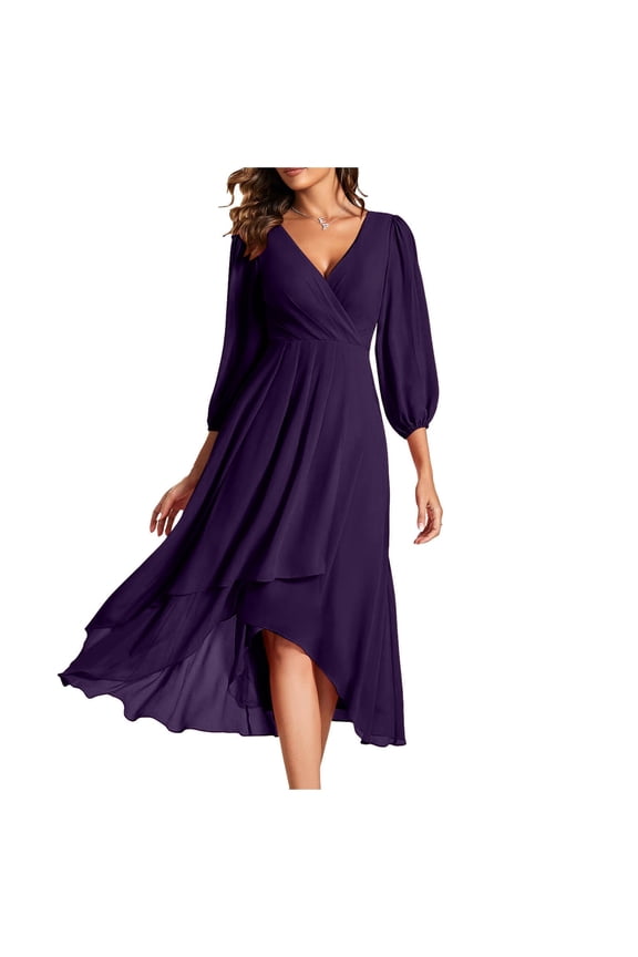 Women's Chiffon Spring V Neck Long Sleeves Pleated A-Line Midi Length Wedding Guest Dress