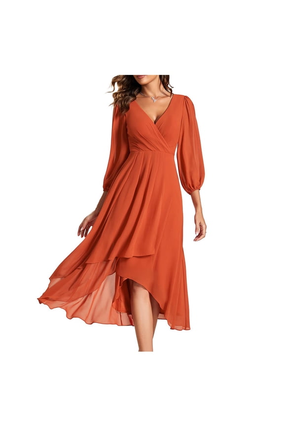 Women's Chiffon Spring V Neck Long Sleeves Pleated A-Line Midi Length Wedding Guest Dress