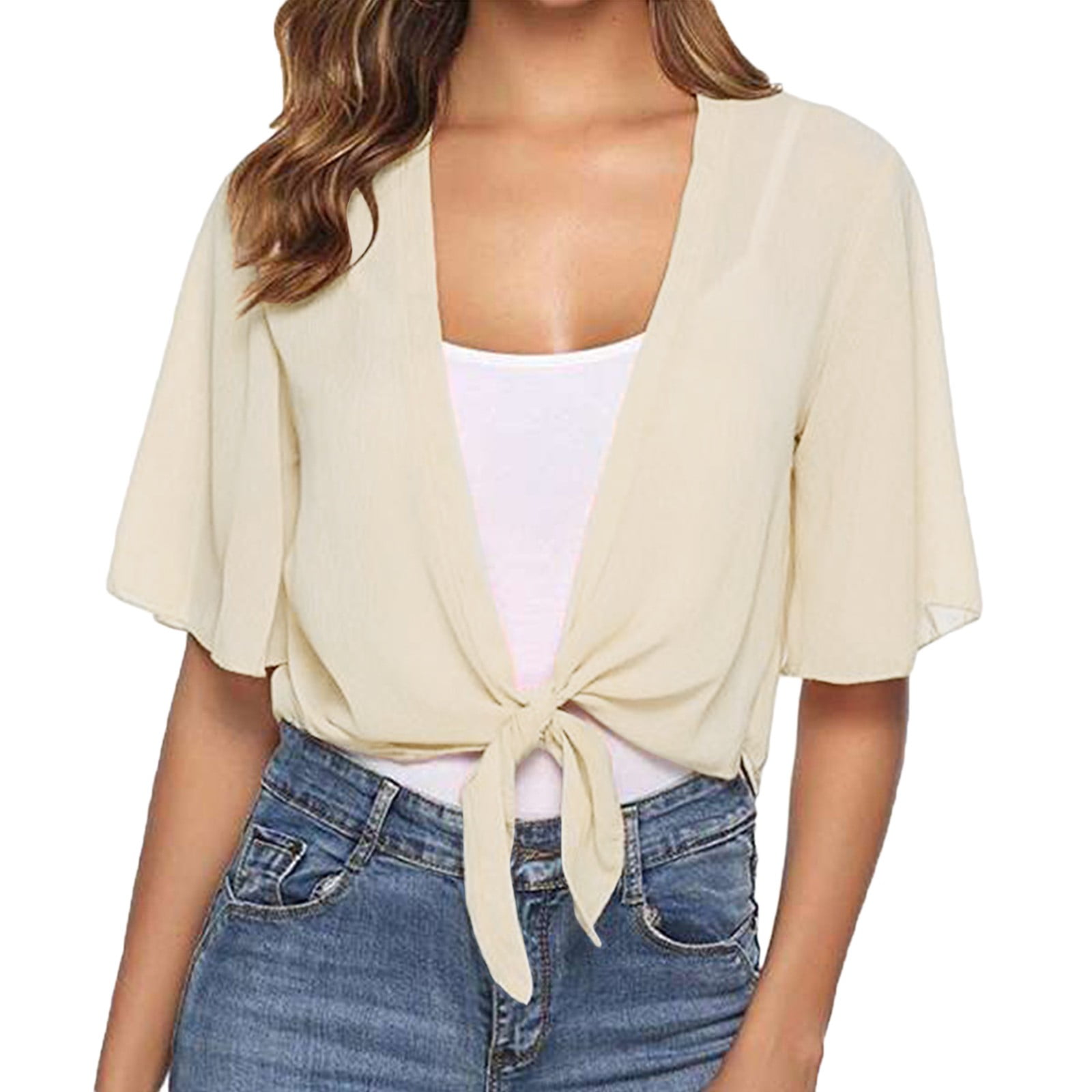 Textured Summer Cropped Cardigan With Tie