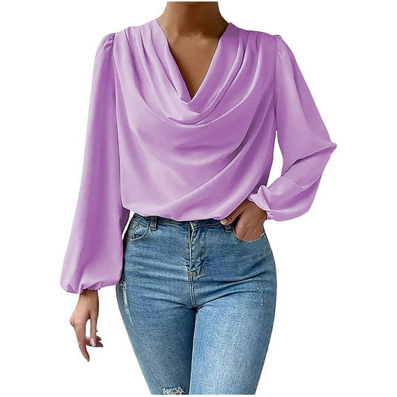 Women's Chiffon Tops Long Sleeve Draped Collar Cowl Neck Solid Color Shirts Casual Loose Work Office Blouses(Small,Purple)