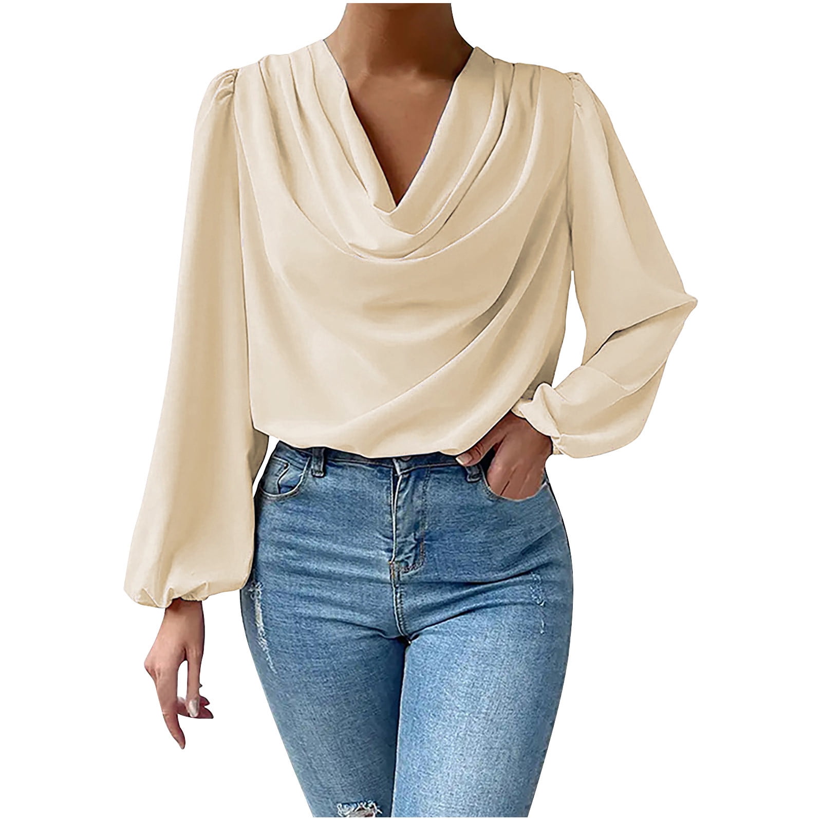 Women's Chiffon Tops Long Sleeve Draped Collar Cowl Neck