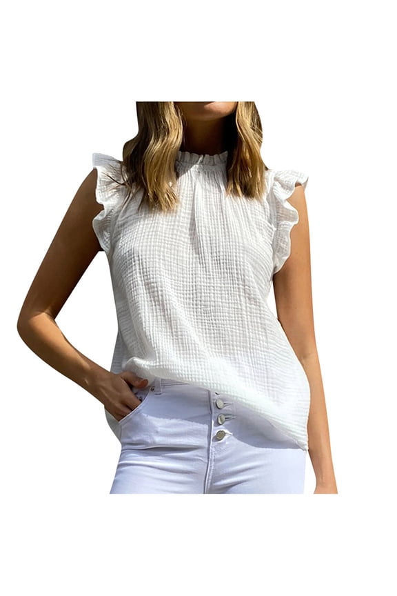 Women's Chiffon Tops Summer Trendy Mock Neck Ruffle Sleeve Tank Shirts Fit Tunic Lightweight Solid Blouses (L, White)