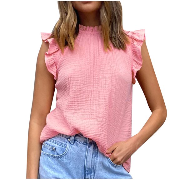 Women's Chiffon Tops Summer Trendy Mock Neck Ruffle Sleeve Tank Shirts Fit Tunic Lightweight Solid Blouses (S, Pink)