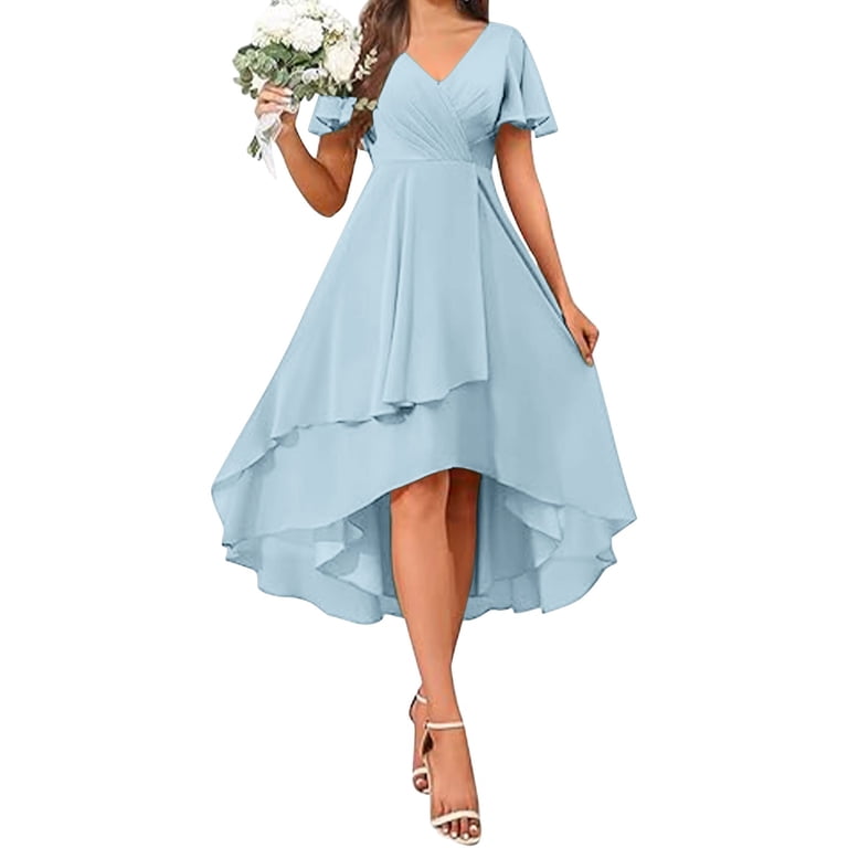 Gealkoca Women's Chiffon V Neck Short Sleeve Semi Formal Dresses Wedding Guest Dress Women's Solid Color Ruffle Sleeves Pleated A-line Dress, Size