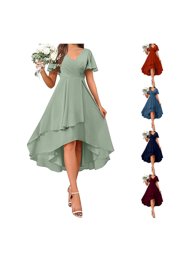 Women's Chiffon V Neck Short Sleeve Semi Formal Dresses Wedding Guest Dress Women's Solid Color Ruffle Sleeves Pleated A-line Dress
