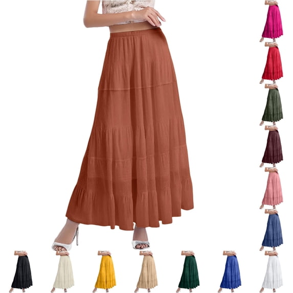 Women's Chiffon White Flowy Skirts Boho Summer Elastic Waisted Pleated A Line Long Skirt for Women plus Size Plaid Skirt XXXL