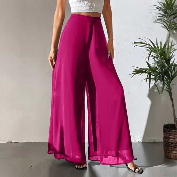 Women's Chiffon Wide Leg Palazzo Pants High Elastic Waist Casual Flowy Business Trousers Pink L