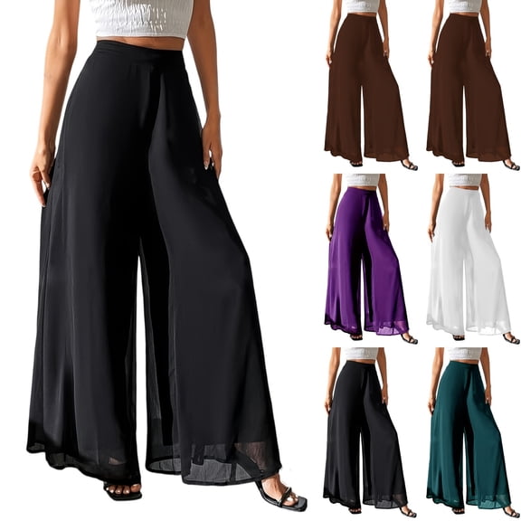 Women's Chiffon Wide Leg Pants Beach Summer Palazzo Pants Casual Elastic Waist Pants Black 2XL