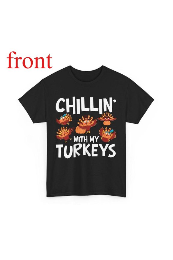 Women's "Chillin' With My Turkeys" Graphic Comfortable T Shirt Casual Short Sleeve Round Neck Top Black S-5XL