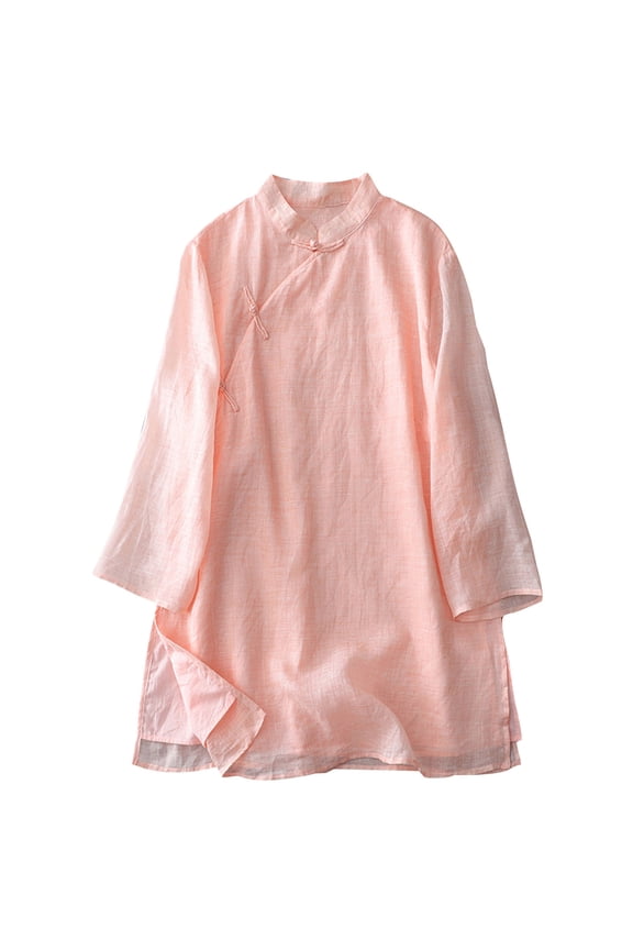 Women's Chinese Cotton Linen Blouse Long Sleeve Retro Shirt Loose Solid Tops Chinese Robe Summer Hanfu T-Shirt