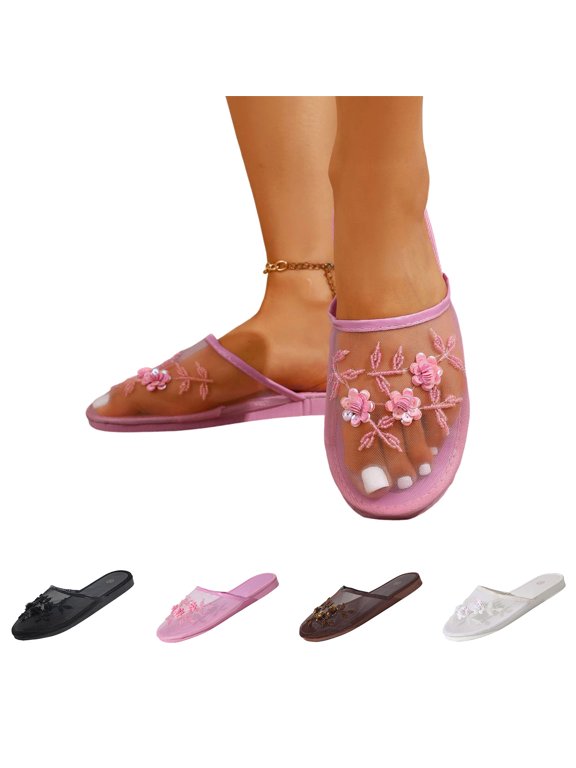 Women's Chinese Mesh Mule Sandals Floral Embroidered Slip-On Falt Mules,36