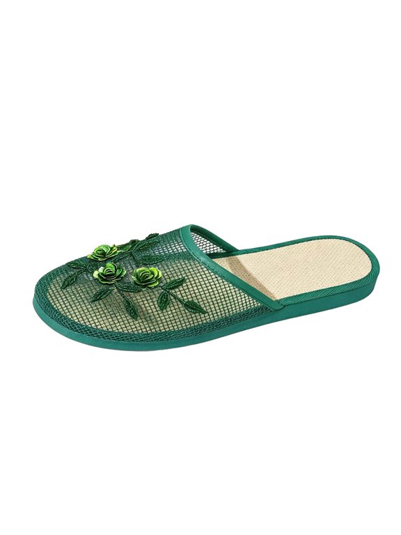 Women's Chinese Mesh Mule Sandals Floral Embroidered Slip-On Falt Mules