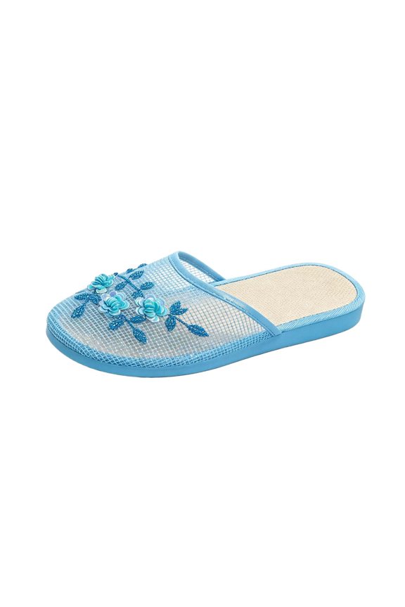 Women's Chinese Mesh Mule Sandals Floral Embroidered Slip-On Falt Mules