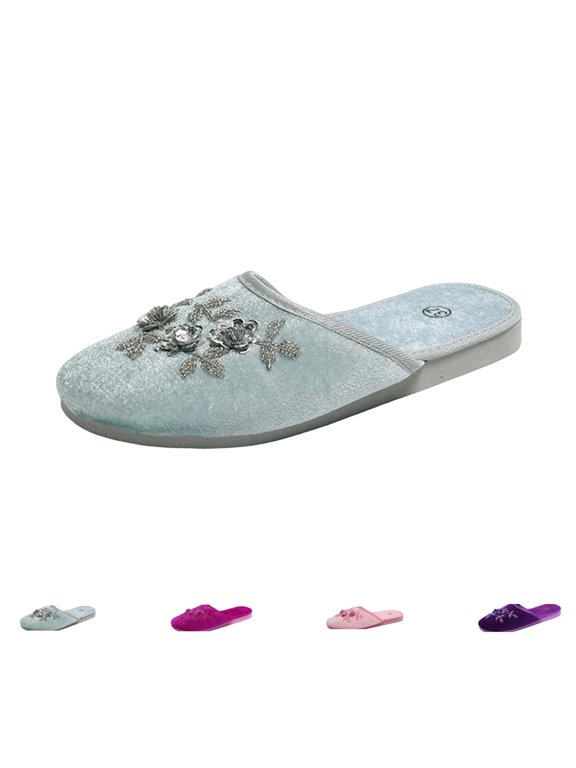 Women's Chinese Mule Sandals Floral Embroidered Slip-On Falt Mules | Breathable Lightweight Summer Shoes, Cute Trendy Office Casual Sandals Gray 38