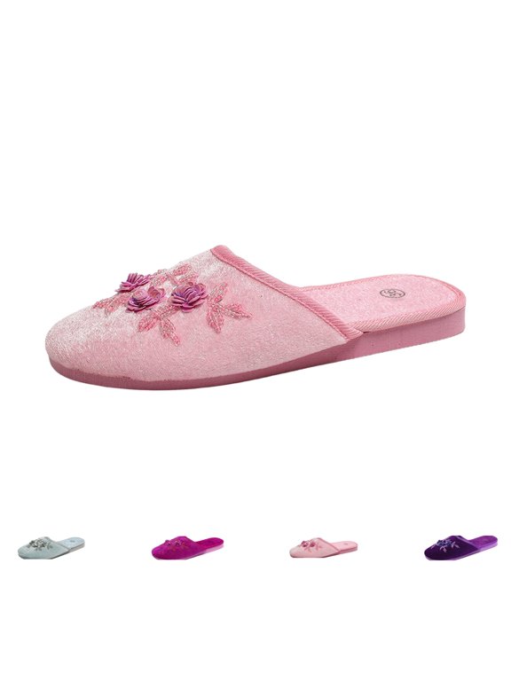 Women's Chinese Mule Sandals Floral Embroidered Slip-On Falt Mules | Breathable Lightweight Summer Shoes, Cute Trendy Office Casual Sandals Pink 40