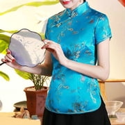 Women's Chinese Qipao Style Blouse - Dragon & Phoenix Print Mandarin Collar Short Sleeve Top, Traditional Ethnic Satin Shirt for Daily & Vacation Wear