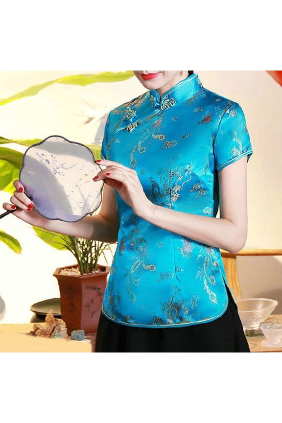 Women's Chinese Qipao Style Blouse - Dragon & Phoenix Print Mandarin Collar Short Sleeve Top, Traditional Ethnic Satin Shirt for Daily & Vacation Wear