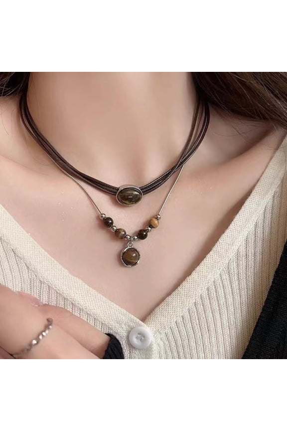 Women's Chinese Retro Leather Tiger Eye Necklace