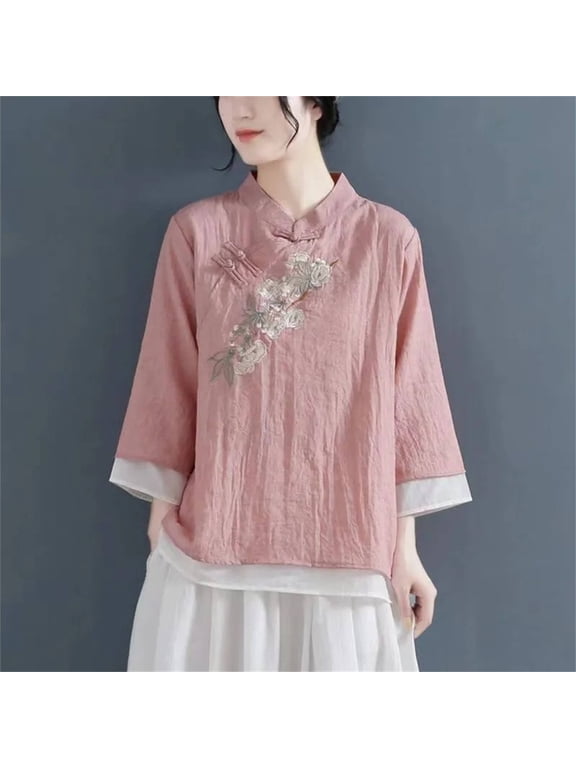 Women's Chinese Style Mandarin Collar Blouse, Cotton Linen 3/4 Sleeve Top with Frog Buttons and Embroidery, Vintage Loose Fit Casual Shirt for Bohemian and Elegant Daily Wear Pink M