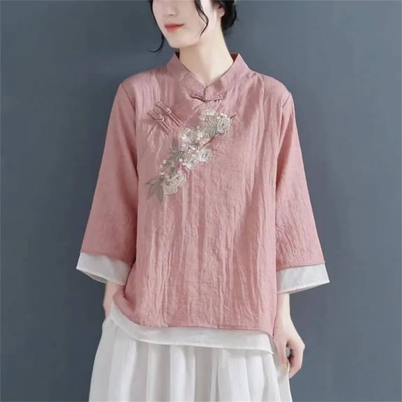 Women's Chinese Style Mandarin Collar Blouse, Cotton Linen 3/4 Sleeve Top with Frog Buttons and Embroidery, Vintage Loose Fit Casual Shirt for Bohemian and Elegant Daily Wear Pink M