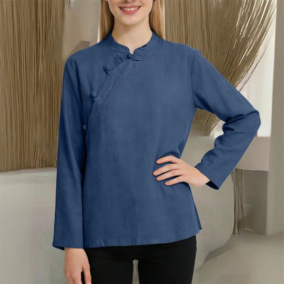 Women's Chinese Style Shirt, Stand Collar Slant Placket Frog Button Top, Loose Fit Long Sleeve Blouse, Retro Boho Casual Tunic for Spring Summer Fall Blue XL