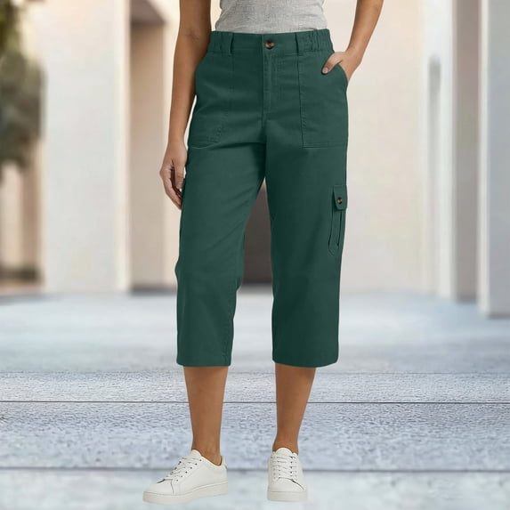 Women's Chino Cargo Capris Button Elastic Waist Multi Pockets Casual Outdoor Summer Work Cropped Trousers Green XXL