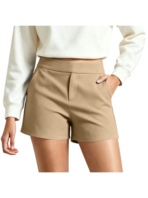 Women's Chino Shorts Pull On High Waisted Inseam Soft Stretch Solid Color Summer Casual Shorts with Pockets Khaki XXL(XXL)