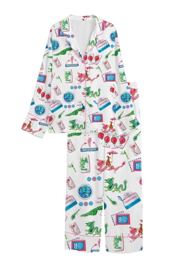 Women’s Chinoiserie Mahjong White Color Long Sleeve Silky Satin Pajama Set