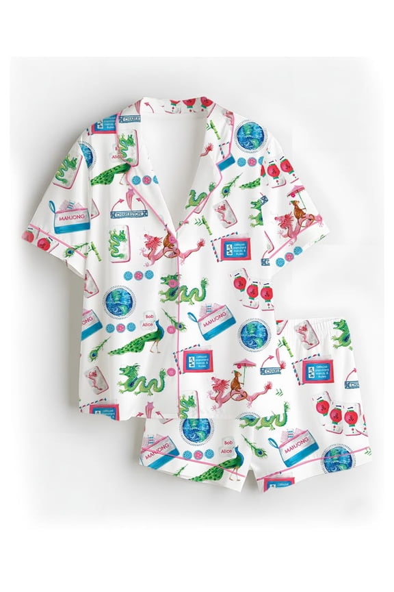 Women’s Chinoiserie Mahjong White Color Short Sleeve Silky Satin Pajama Set